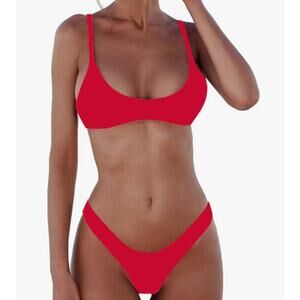 SherryDC Red Solid Scoop Neck Push Up Padded Brazilian Thong Bikini